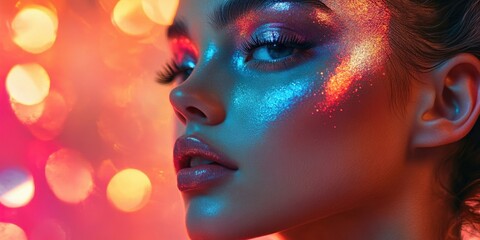 Obraz premium A striking beauty portrait showcases a model with glossy skin and shimmering makeup, illuminated by colorful lights in a nightlife atmosphere
