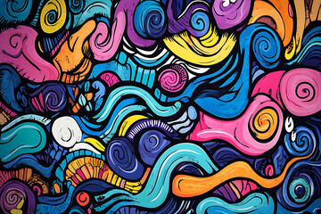 A vibrant abstract design featuring swirling shapes and colors.