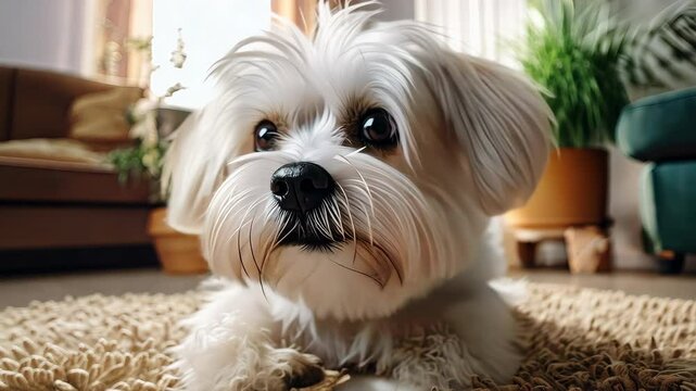 A Maltese white dog with a shaggy haircut sits in front of camera.Close up of white brown puppy.Generative AI
