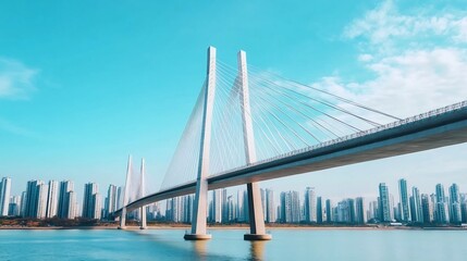 Fototapeta premium Majestic Modern Bridge Spanning Over Vibrant City River Skyline