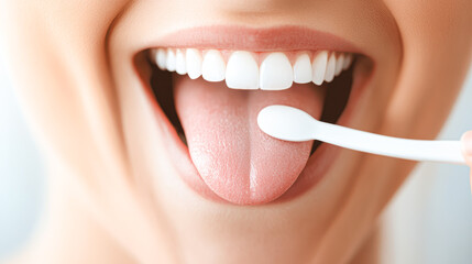 Naklejka premium Bathroom health routine close-up on teeth brushing and tongue cleaning
