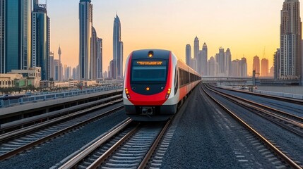 Fototapeta premium Futuristic High-Speed Train Passing Through Vibrant Cityscape at Sunset