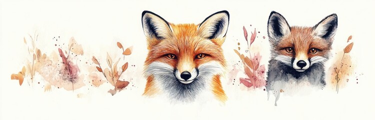 Obraz premium Cute Baby Fox and Friends Watercolor Illustration for Nursery Wall Art Decor with Deer Raccoon Owl and Flowers