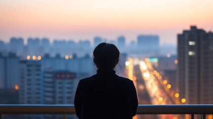 Silhouetted figure overlooking a vibrant cityscape at dusk