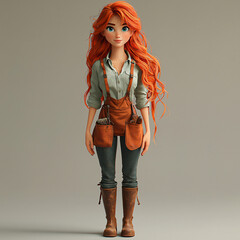 A full-body 3D cartoon-style female character designed for a farm game, standing in a confident and approachable pose. She has bright red hair styled in loose, natural waves, with a few strands framin