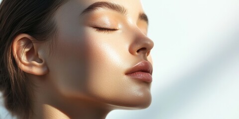 Fototapeta premium A woman with smooth, glowing skin stands peacefully with her eyes closed, basking in soft natural light that highlights her features and serenity