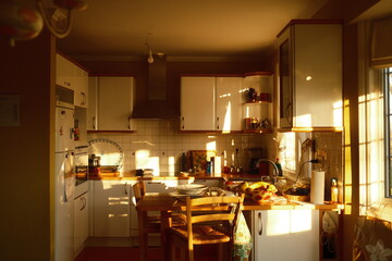 Cocina rústica de una casa de madera con el sol del atardecer entrando por las ventanas 