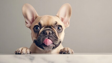 Curious French Bulldog Puppy Peeking Over Marble Table with Cute Hungry Expression