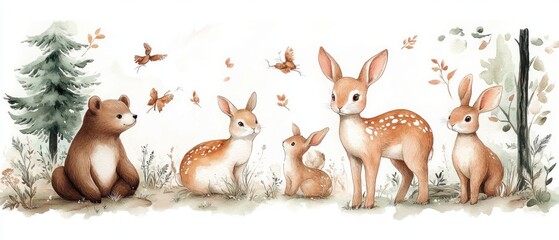 Whimsical Forest Scene with Watercolor Rabbits Deer and Bear for Nursery Decor