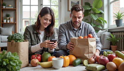 Couple unpacking groceries and using a smartphone at home