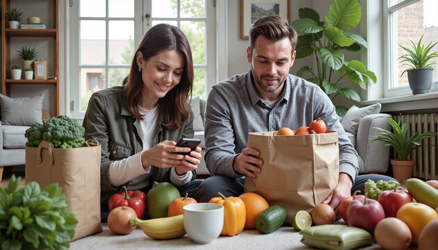 Couple unpacking groceries and using a smartphone at home
- Powered by Adobe