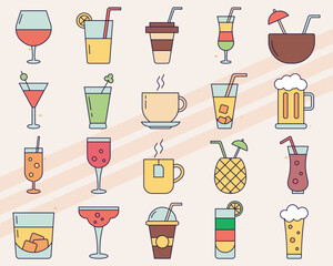 Set of vector icons representing various drinks and beverages including soda and cocktails