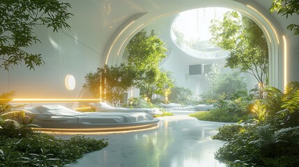 Futuristic Biophilic Sanctuary: A Serene Oasis of Modern Design and Lush Greenery