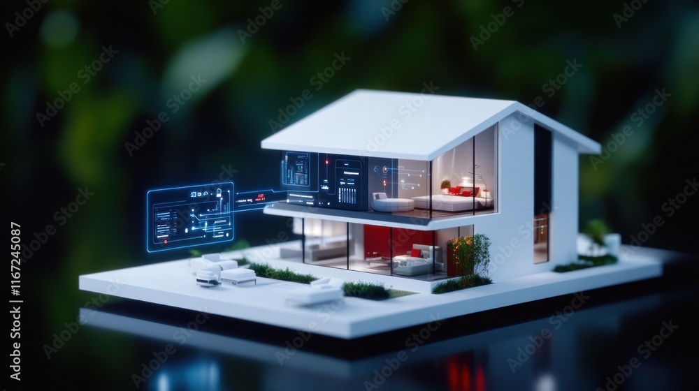 Poster modern architectural model with digital interface and greenery.