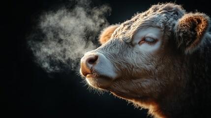 Obraz premium Close-up of a light brown cow exhaling white breath in cold weather, dark background.