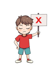 Cute Cartoon Child Holding a Red Cross Sign for Disapproval or Error