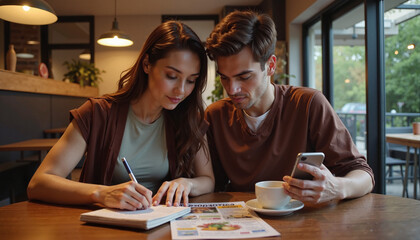 Fototapeta premium Couple planning shopping list in a cozy café with notes and phone 