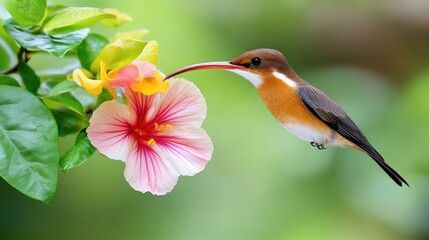 Fototapeta premium A hummingbird feeding on a vibrant hibiscus flower.