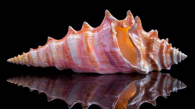 Magnificent spiral seashell reflecting on smooth surface in tranquil underwater setting  Exquisite natural pattern and texture of this marine invertebrate create a captivating visual experience