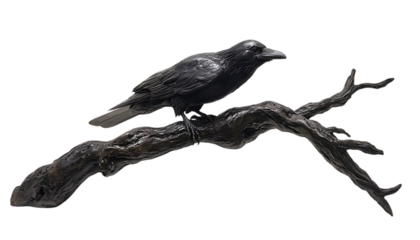 A black raven sculpture perched on a twisted branch, showcasing artistry and nature.