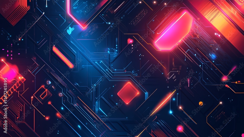 Poster abstract digital circuitry glowing neon lines and shapes