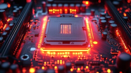 Fototapeta premium Close-up of illuminated CPU on motherboard.
