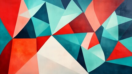 Geometric abstract painting with red and teal hues