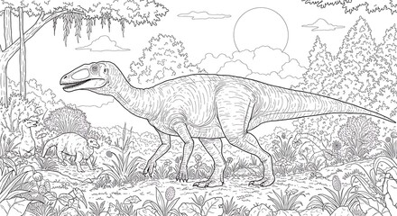 Extinct dinosaur in a prehistoric jungle landscape filled with vibrant trees, plants, and flowers.  Detailed illustration for coloring.