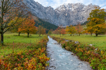 Colorful autumn landscape at Großer Ahornboden in the Karwendel Mountains, Austria – forest with fall foliage, rocky peaks and dramatic sky