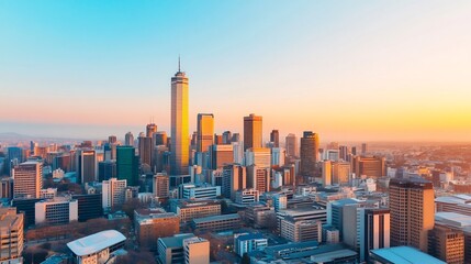 Fototapeta premium Bustling Urban Skyline at Sunset with Glowing Skyscrapers in Golden Hour
