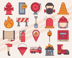 Set of vector icons representing firefighting tools and symbols including helmets hoses and fire trucks
