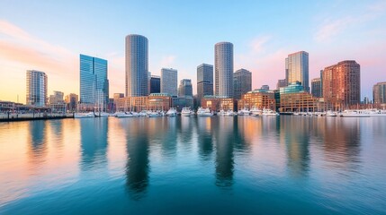 Naklejka premium Scenic Cityscape with Harbor Filled with Yachts and Surrounded by Skyscrapers
