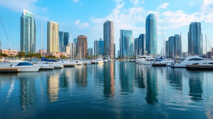 Picturesque City Harbor with Luxury Yachts and Skyscrapers in Background