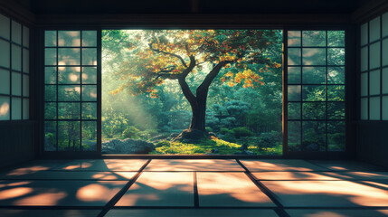 A serene Japanese room showcasing shoji screens and tatami mats, a striking bonsai tree framed by a lush garden, warm peach and cool teal tones