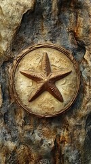 Rustic and ancient spiral starfish shape carved into the textured and weathered bark of an old tree trunk  Primitive organic and natural background with gnarled wood patterns and earthy tones