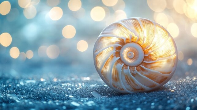 Closeup view of a beige nautilus shell with its iconic spiral pattern lying on a sandy beach against a blurred blue ocean and waves in the background