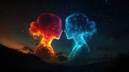 Cosmic Connection: Two Celestial Women Embrace Under a Starry Sky