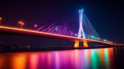 Fototapeta premium Futuristic Bridge Illuminated by Neon Lights at Night in Vibrant City Skyline