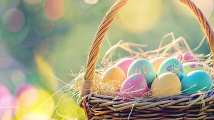 Colorful easter egg basket outdoors in soft sunlit garden setting
