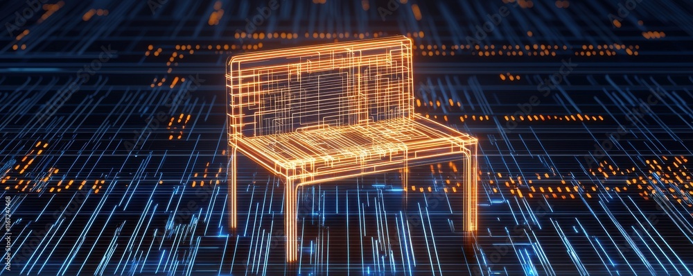 Poster a glowing, digital chair sits against a backdrop of binary code, symbolizing the intersection of tec
