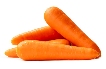 Side view of fresh orange carrots in stack isolated on white background with clipping path