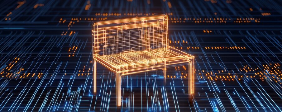 A glowing, digital chair sits against a backdrop of binary code, symbolizing the intersection of technology and furniture design.