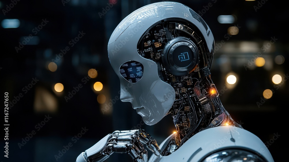 Poster a futuristic robot with intricate circuitry and headphones contemplates in a dimly lit environment, 