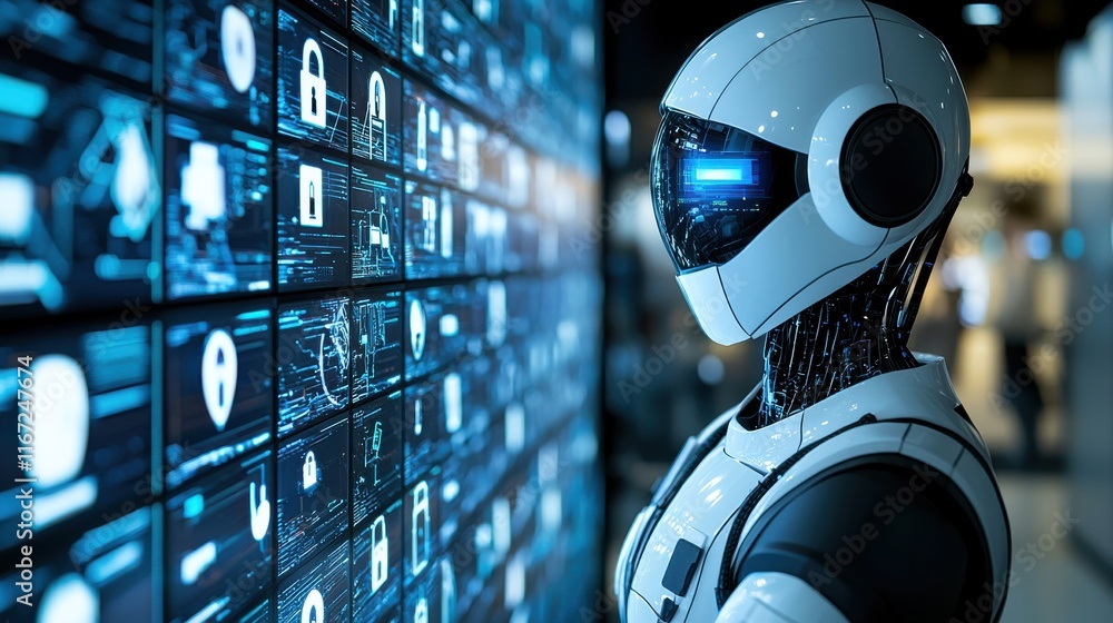 Poster a futuristic robot stands beside a digital display, showcasing data and security symbols, reflecting