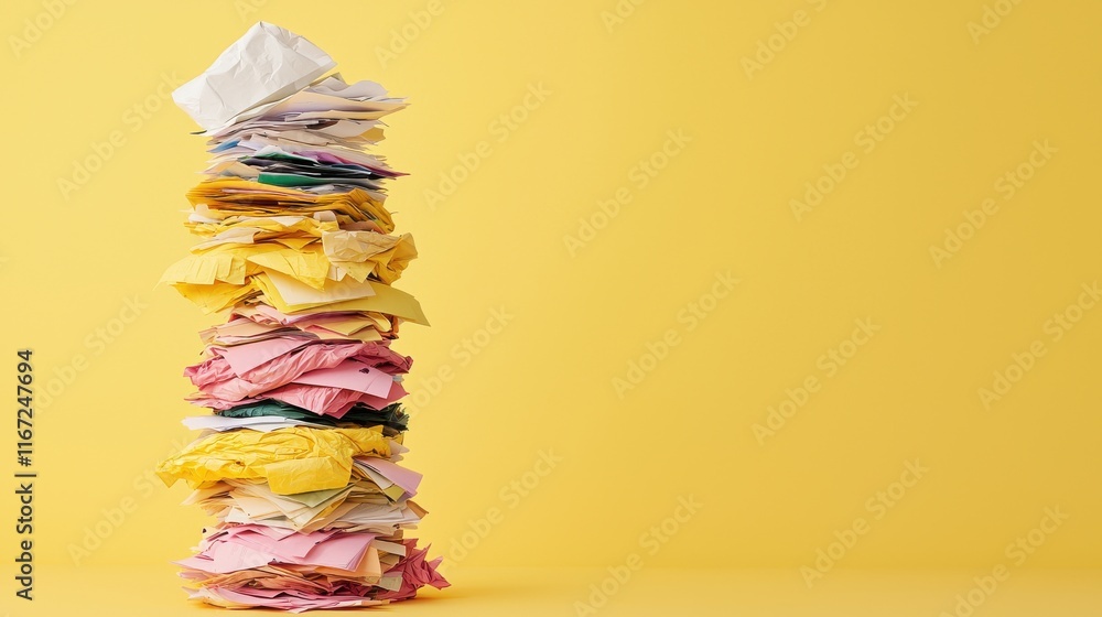 Poster a colorful stack of crumpled papers sits against a bright yellow background, creating a playful and 