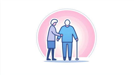 Fototapeta premium caregiver assists elderly person with cane in minimalist style. illustration conveys warmth and support, highlighting importance of care and companionship