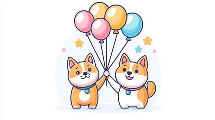 Cute cartoon dogs holding colorful balloons, celebrating joyfully. Their playful expressions and vibrant colors create cheerful atmosphere perfect for any festive occasion
