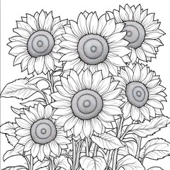 Detailed black and white illustration of sunflowers for coloring