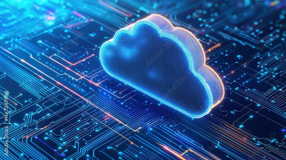 Poster a digital cloud with a glowing outline sits over a circuit board, symbolizing cloud computing and te