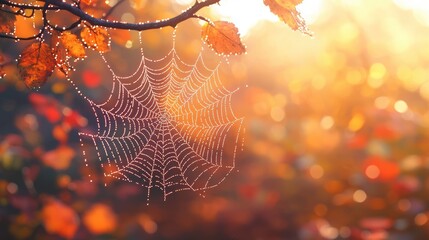 Autumn's Gentle Embrace: A Dew-Kissed Spiderweb in Golden Sunlight
